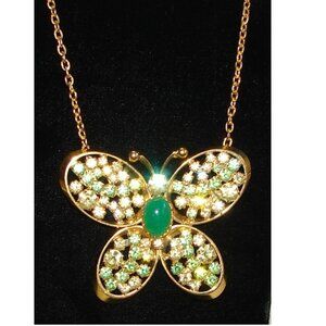 Vtg Gold Tone & Green Rhinestone Butterfly NECKLACE, 20", Cocktail Statement E06